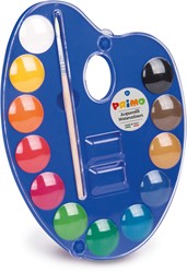 Primo - 12 Aquareltabletten Diameter 25 mm in Plastic Doosje met Deksel/Mengpalet en 1 Penseel