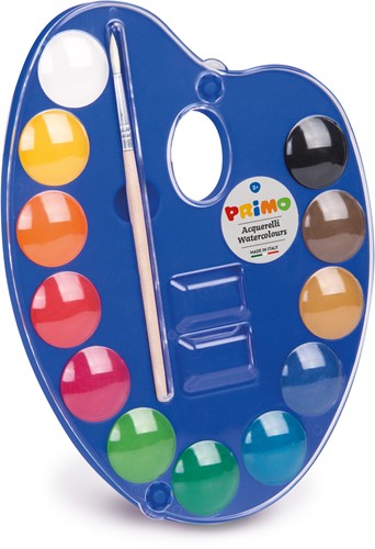 Primo - 12 Aquareltabletten Diameter 25 mm in Plastic Doosje met Deksel/Mengpalet en 1 Penseel