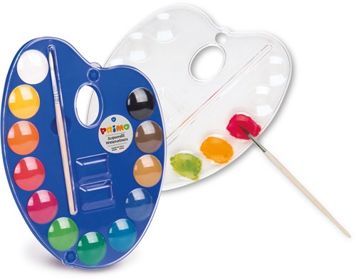 Primo - 12 Aquareltabletten Diameter 25 mm in Plastic Doosje met Deksel/Mengpalet en 1 Penseel-2