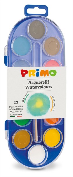 Primo - 12 Aquareltabletten Diameter 30 mm in Plastic Doosje met Deksel/Mengpalet, 1 Penseel