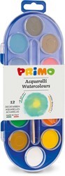 Primo - 12 Aquareltabletten Diameter 30 mm in Plastic Doosje met Deksel/Mengpalet, 1 Penseel