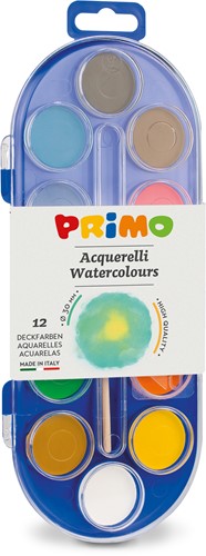 Primo - 12 Aquareltabletten Diameter 30 mm in Plastic Doosje met Deksel/Mengpalet, 1 Penseel
