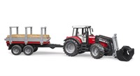 Bruder Massey Ferguson Tractor 7480 met frontlader en houttransport aanhanger-2