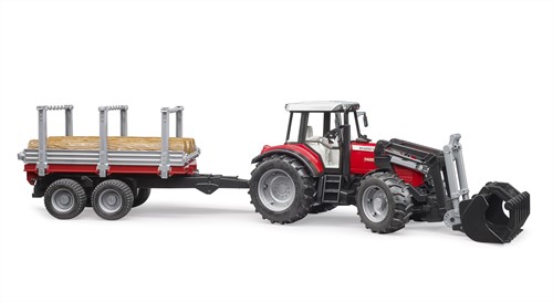 Bruder Massey Ferguson Tractor 7480 met frontlader en houttransport aanhanger-2