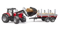 Bruder Massey Ferguson Tractor 7480 met frontlader en houttransport aanhanger-3