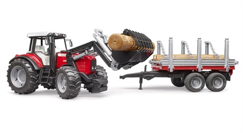 Bruder Massey Ferguson Tractor 7480 met frontlader en houttransport aanhanger-3