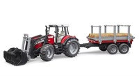 Bruder Massey Ferguson Tractor 7480 met frontlader en houttransport aanhanger