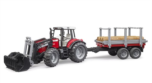 Bruder Massey Ferguson Tractor 7480 met frontlader en houttransport aanhanger