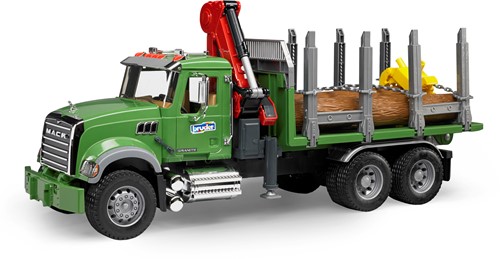 Bruder MACK Granite houttransport vrachtwagen met laadkraan en 3 boomstammen-3