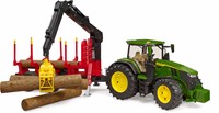 Bruder John Deere tractor 7R 350 met houtbouw aanhanger  en  4 boomstammen-2