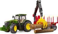 Bruder John Deere tractor 7R 350 met houtbouw aanhanger  en  4 boomstammen-3