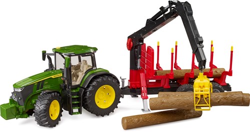 Bruder John Deere tractor 7R 350 met houtbouw aanhanger  en  4 boomstammen