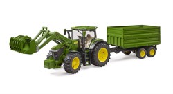 Bruder John Deere tractor 7R 350 met voorlader en dubbelassige aanhanger