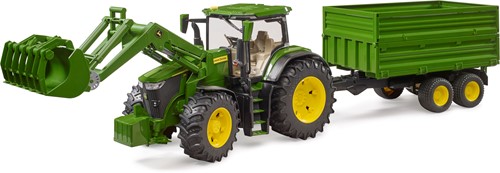Bruder John Deere tractor 7R 350 met voorlader en dubbelassige aanhanger