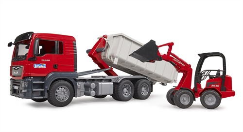 Bruder MAN TGS met rolcontainer en Schäffer compacte lader-3