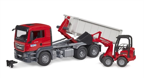 Bruder MAN TGS met rolcontainer en Schäffer compacte lader