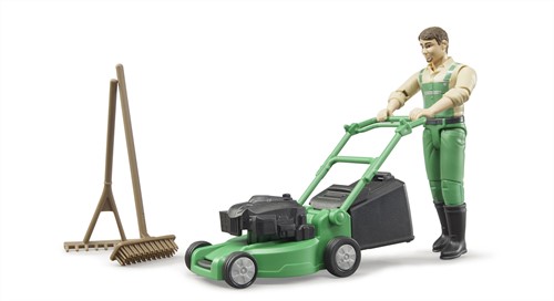 Bruder bworld Tuinman met grasmaaier en tuingereedschap