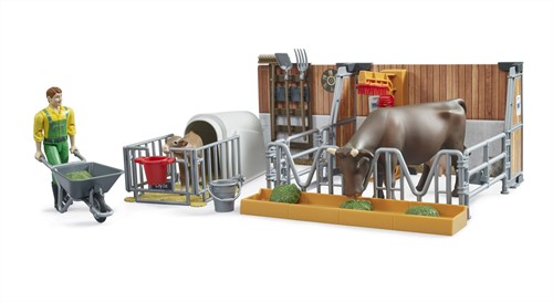 Bruder bworld Koe- en kalverstal incl.koe en accessoires
