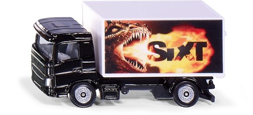 Siku vrachtwagen met Sixt kofferopbouw speelgoedvrachtwagen metaal/kunststof zwart/wit achterklep kan worden geopend drakenmotief