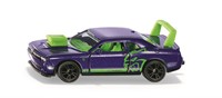 Siku Dodge Challenger SRT Hellcat Custom speelgoedauto metaal/kunststof pruimblauw deuren die open kunnen luxe lakwerk gedetailleerd ontwerp trekhaak