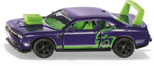 Siku Dodge Challenger SRT Hellcat Custom speelgoedauto metaal/kunststof pruimblauw deuren die open kunnen luxe lakwerk gedetailleerd ontwerp trekhaak