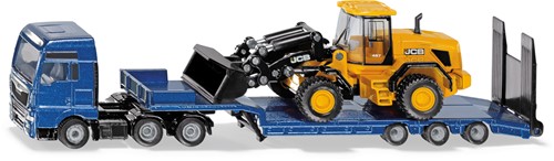 Siku MAN Vrachtwagen met dieplader en JCB-shovel 1:87 metaal/kunststof blauw/geel opklapbare oprijplaat beweegbare arm