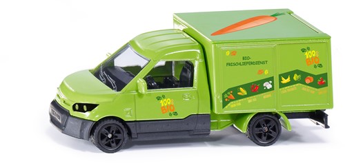 Siku streetscooter BIO bezorgservice speelgoedbestelbus 1:50 metaal/kunststof groen achterklep kan open inclusief stickervellen en kartonnen vellen van levensmiddelen