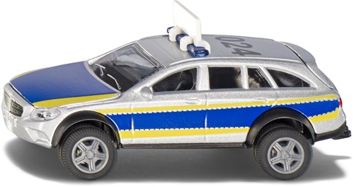 Siku politiewagen Mercedes-Benz E-klasse All Terrain 4x4² politiespeelgoed 1:50 metaal/plastic blauw/wit incl. waarschuwingsbord met stickers opklapbare motorkap en achterklep