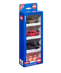 Siku cadeauset Race Mercedes-AMG GT4 Audi RS 5 Racing en BMW M4 incl. 6 verkeerskegels speelgoedauto's metaal/kunststof multicolor met sportvelgen en achtervleugels