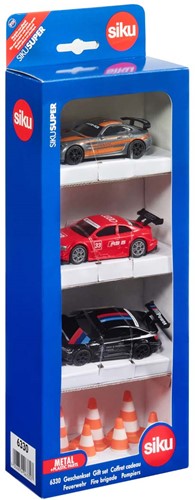 Siku cadeauset Race Mercedes-AMG GT4 Audi RS 5 Racing en BMW M4 incl. 6 verkeerskegels speelgoedauto's metaal/kunststof multicolor met sportvelgen en achtervleugels