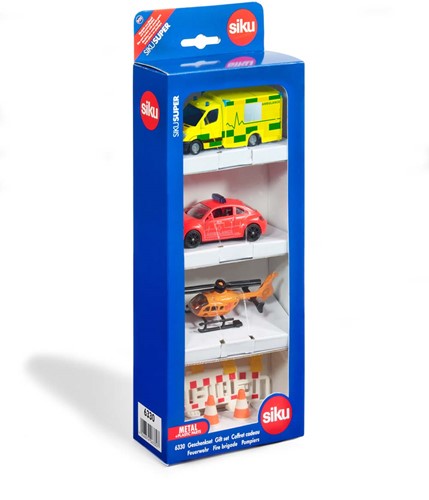 Siku cadeauset reddingsteam VW Kever-ambulance Mercedes-ambulance helikopter kunststof/metaal veelkleurig inclusief 2 vekeersbakens en 2 -kegels