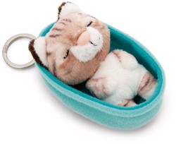 NICI - Sleutelhanger Sleeping Pets kat bruin gestreept 8cm mandje lichtblauw GROEN