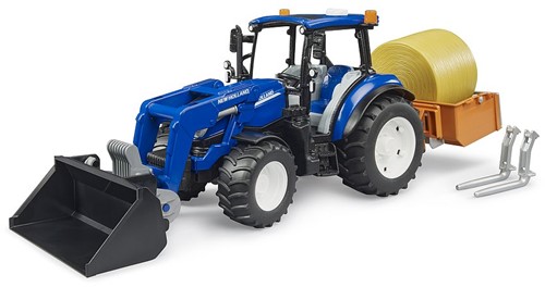 Bruder New Holland T5.120 met FL, laadbak, vorken+1ronde baal