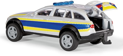 Siku politiewagen Mercedes-Benz E-klasse All Terrain 4x4² politiespeelgoed 1:50 metaal/plastic blauw/wit incl. waarschuwingsbord met stickers opklapbare motorkap en achterklep-3